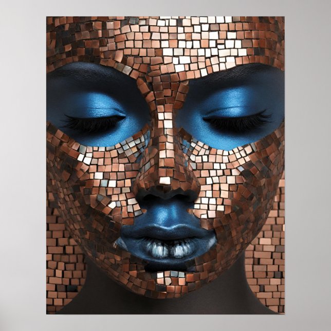 Black Womens Blue Copper Mosaic Ansikte Wall Art Poster (Framsidan)