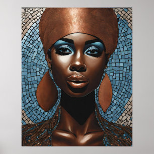 Black Womens Blue Copper Mosaic Ansikte Wall Art Poster
