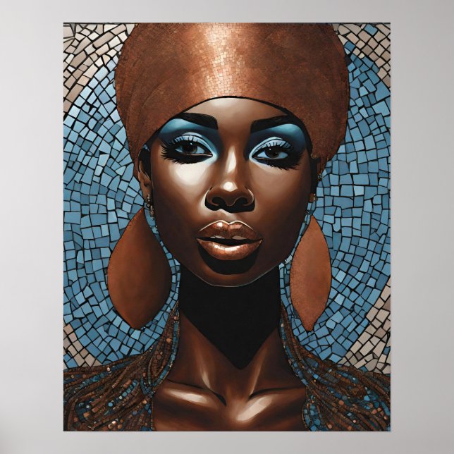 Black Womens Blue Copper Mosaic Ansikte Wall Art Poster (Framsidan)