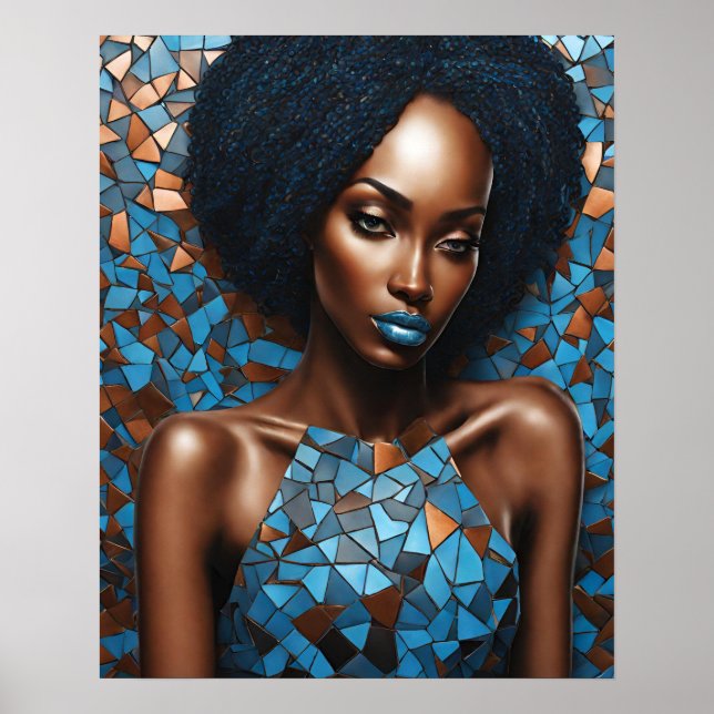 Black Womens Blue Copper Mosaic Ansikte Wall Art Poster (Framsidan)