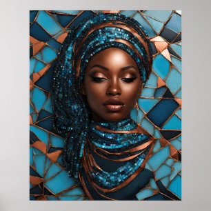 Black Womens Blue Copper Mosaic Ansikte Wall Art Poster