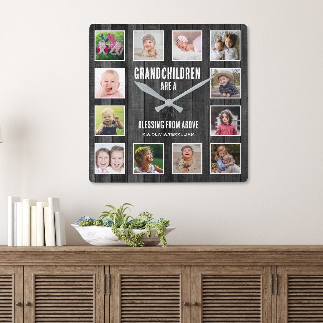 Black Wood 12 Bild Collage Grandchildren Quote Fyrkantig Klocka (Grandparents gift - grandchildren picture frame clock)