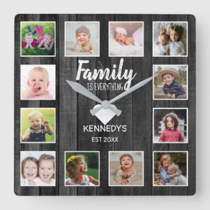 Black Wood 12 Photo Collage Family Quote Fyrkantig Klocka