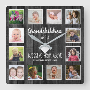 Black Wood 12 Photo Collage Grandchildren Quote Fyrkantig Klocka