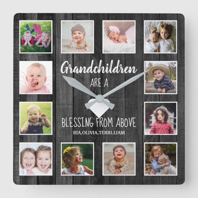 Black Wood 12 Photo Collage Grandchildren Quote Fyrkantig Klocka (Framsida)