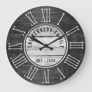 Black Wood Family Namn Farmhouse Roman Numeral Stor Klocka
