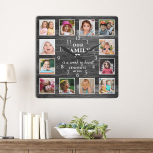 Black Wood Family Namn Quote Farmhouse 12 Photo Fyrkantig Klocka