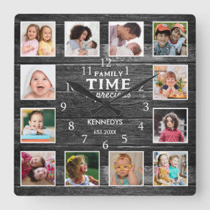 Black Wood Farmhouse Family Time Quote 12 Photo Fyrkantig Klocka