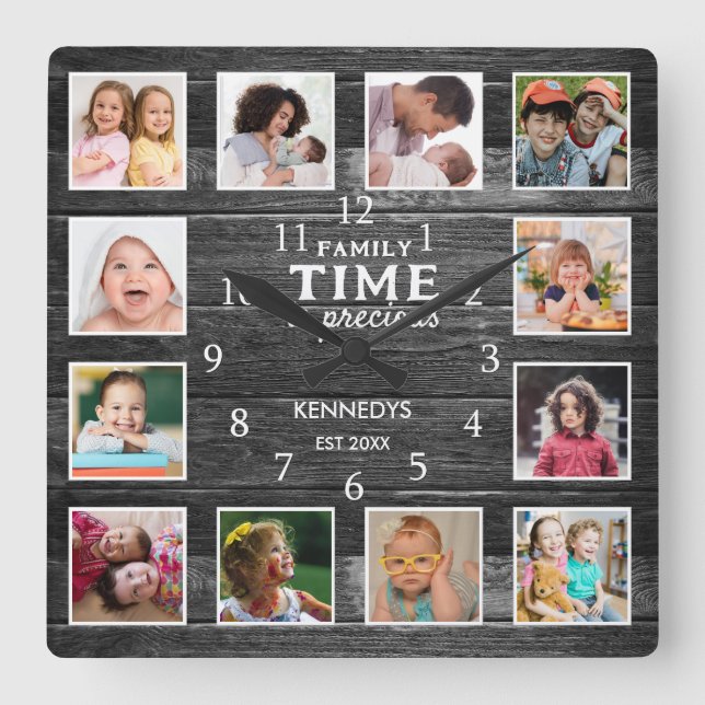 Black Wood Farmhouse Family Time Quote 12 Photo Fyrkantig Klocka (Framsida)