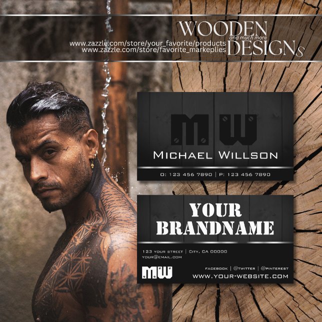 Black Wood Grain Se vit Monogram Visitkort (Skapare uppladdad)