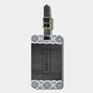 Black Wood & White Vintage Snöre Monogram Bagagebricka