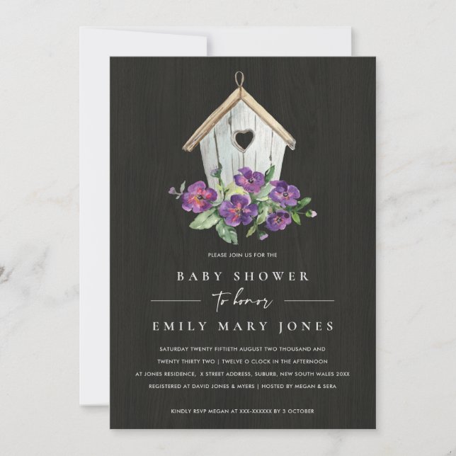 BLACK WOODEN RUSTIC BLOMMIGT BIRDHOUSE BABY SHOWER INBJUDNINGAR (Framsida)