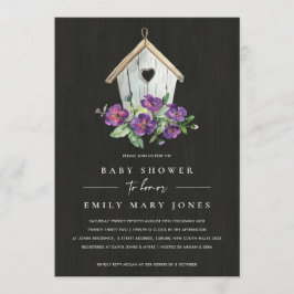 BLACK WOODEN RUSTIC BLOMMIGT BIRDHOUSE BABY SHOWER INBJUDNINGAR