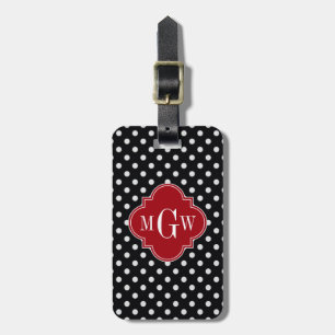 Black Wt Polka Dot Cranberry Quatrefoil 3 Monogram Bagagebricka