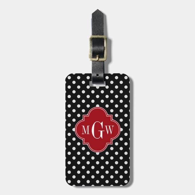 Black Wt Polka Dot Cranberry Quatrefoil 3 Monogram Bagagebricka (Vertikal Framsida)