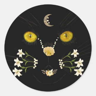 Black Yellow Gold Flower Cat Face Moon Sticker Runt Klistermärke