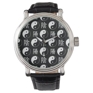 Black Yinyang Symbol Chinese Text Mönster Armbandsur