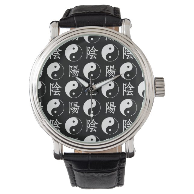 Black Yinyang Symbol Chinese Text Mönster Armbandsur (Framsida)