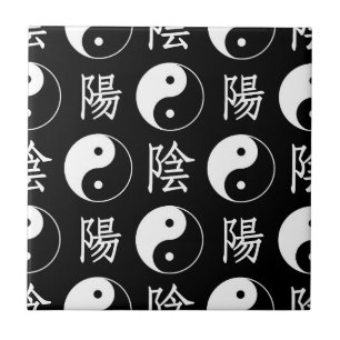 Black Yinyang Symbol Chinese Text Mönster Kakelplatta