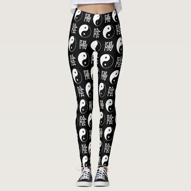 Black Yinyang Symbol Chinese Text Mönster Leggings (Framsida)