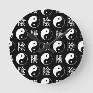 Black Yinyang Symbol Chinese Text Mönster Rund Klocka