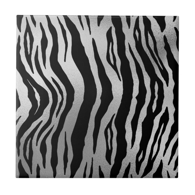 Black Zebra ränder Animal Print Silver Luxury Kakelplatta (Framsidan)