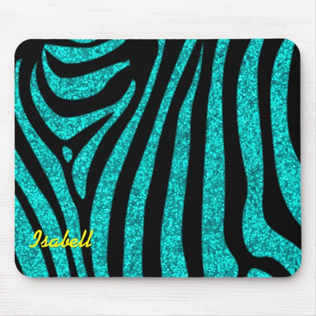 Black Zebra ränder Namn Teal Glitter Musmatta (Framsidan)