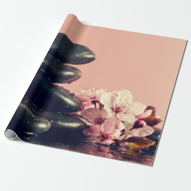 Black Zen Stones Flowers Presentpapper (Utrullad)