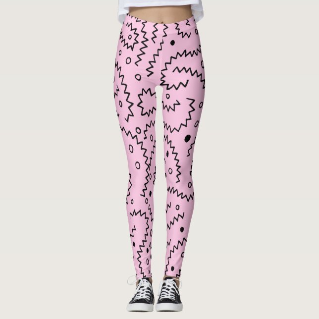 Black zigzag linjer på rosa mönster leggings (Framsida)