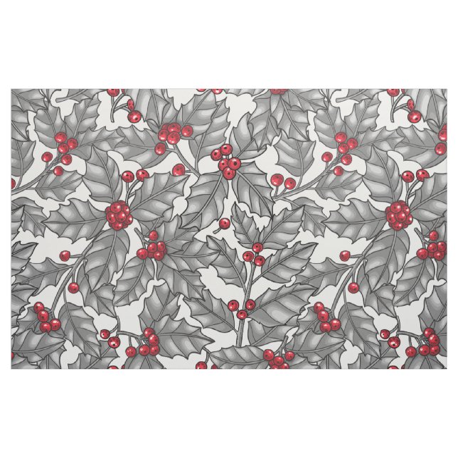 Bläckbär, grått-löv på vitt tyg (Fat Quarter)