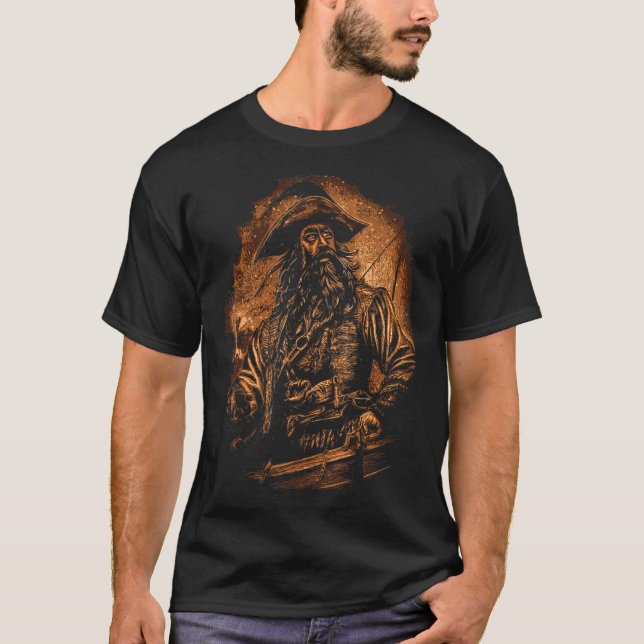 Blackbeard Pirat Porträtt Pirater Piratesship T Shirt (Framsida)