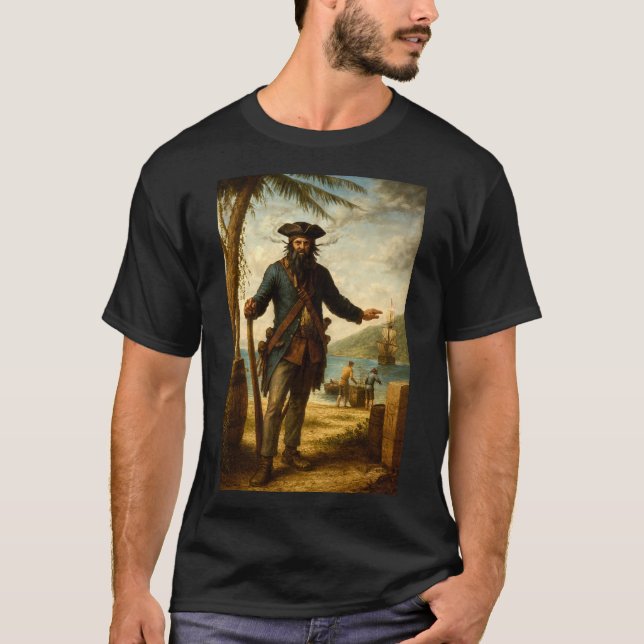 Blackbeard The Pirate With Smoking Beard T Shirt (Framsida)