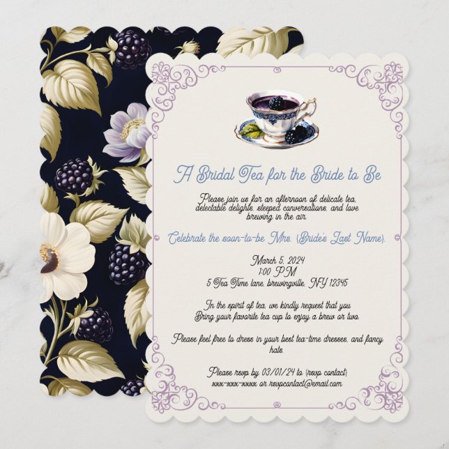 Blackberry Blooms Möhippa Tea Party Inbjudningar (Fram/baksida)