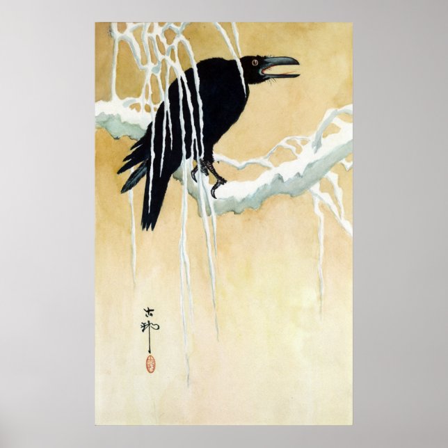 Blackbird i Snö, Ikeda Koson Poster (Framsidan)
