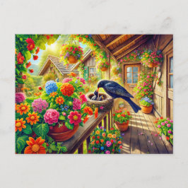 Blackbird Matar Chickar i Nest Vykort