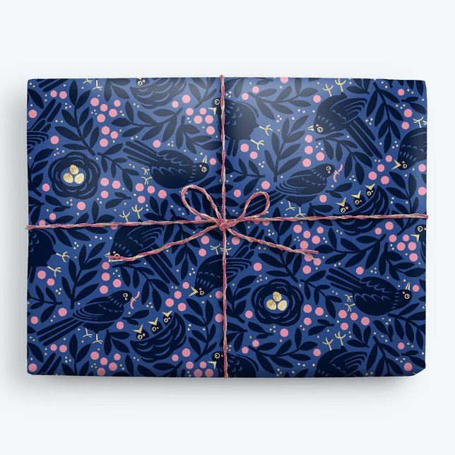 Blackbird och Nest med Golden Eggs Blue och Rosa Presentpapper (Skapare uppladdad)
