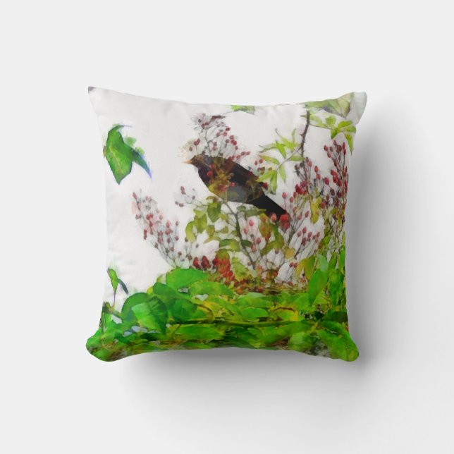 Blackbird och Rosehips Design Cushion Kudde (Framsida)