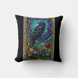 Blackbird Stached Glass Corvid Raven Kudde