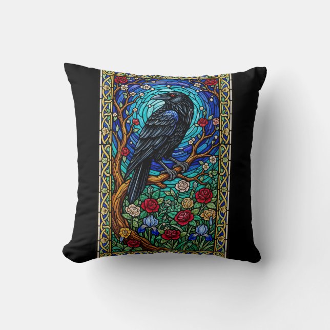 Blackbird Stached Glass Corvid Raven Kudde (Framsida)