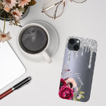 Bläckblommor från silver droppar namn<br><div class="desc">Faux silver drops,  målardropp se ut som en faux silver tittar bakgrund. Burgundy och kräm färgad Flowers. Mall för ditt namn. Namn i lätt grått är skrivet med ett modernt och trendig handskript i stil.</div>