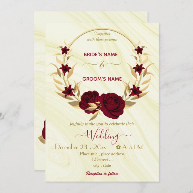 Bläckblommor guld, utandningsmarmor bröllop inbjudningar (Fram/baksida)