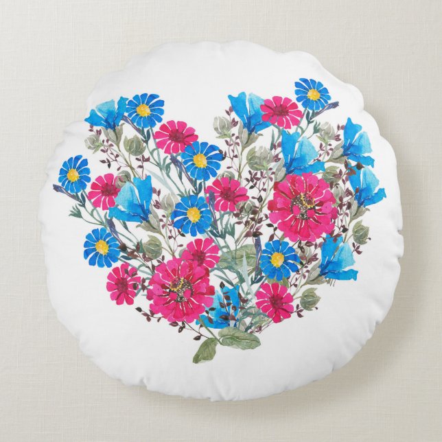 Bläckblommor med vattenfärg rund kudde (Framsidan)