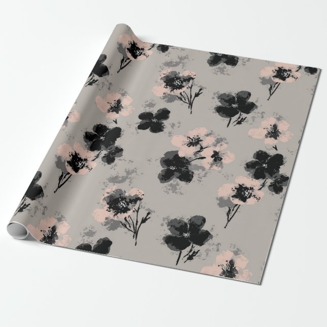 Bläckblomning Mörkt Presentpapper (Utrullad)