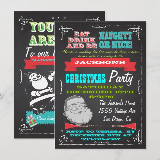 Blackboard Naughty eller Nice jul Party Inbjudan (Fram/baksida)