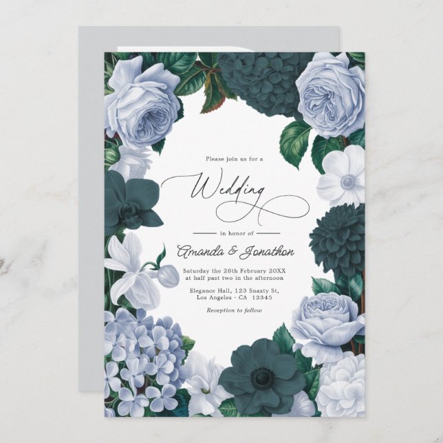 Blackened Teal, Mist Blue & Pearl White Wedding Inbjudningar (Fram/baksida)