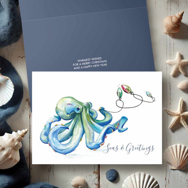 Bläckfisk Akvarell Strand Jul Helgkort (Beach Christmas cards watercolor blue octopus and holiday lights by Victoria Grigaliunas)