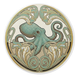 Bläckfisk Aqua Grön Kräm & Guld Art Deco Nouveau Knopp