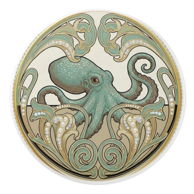 Bläckfisk Aqua Grön Kräm & Guld Art Deco Nouveau Knopp (Framsidan)