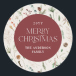 Bläckfisk av botanisk blommigt i julvatten runt klistermärke<br><div class="desc">Mörk av botanisk blommigt i julgranskläder moody modern naturkräm och burgundisk helgdag-presentdekordetikett.</div>