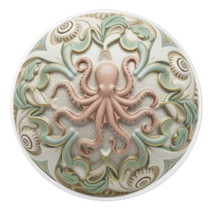 Bläckfisk Falsk Relief Hav Ocean Kräm Guld & Grön Knopp